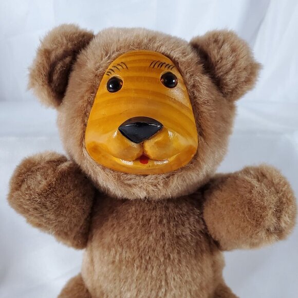 Vintage FTD Wood Face Teddy Bear Brown Plush Jointed Arms and Legs 9.5 inches - Picture 1 of 8